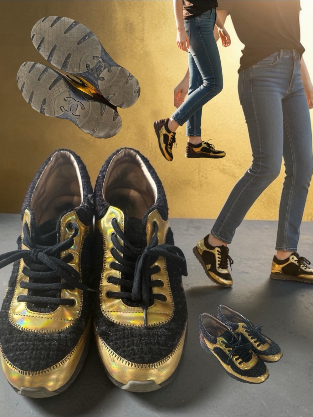 CHANEL Metallic Gold and Black Women's Sneakers